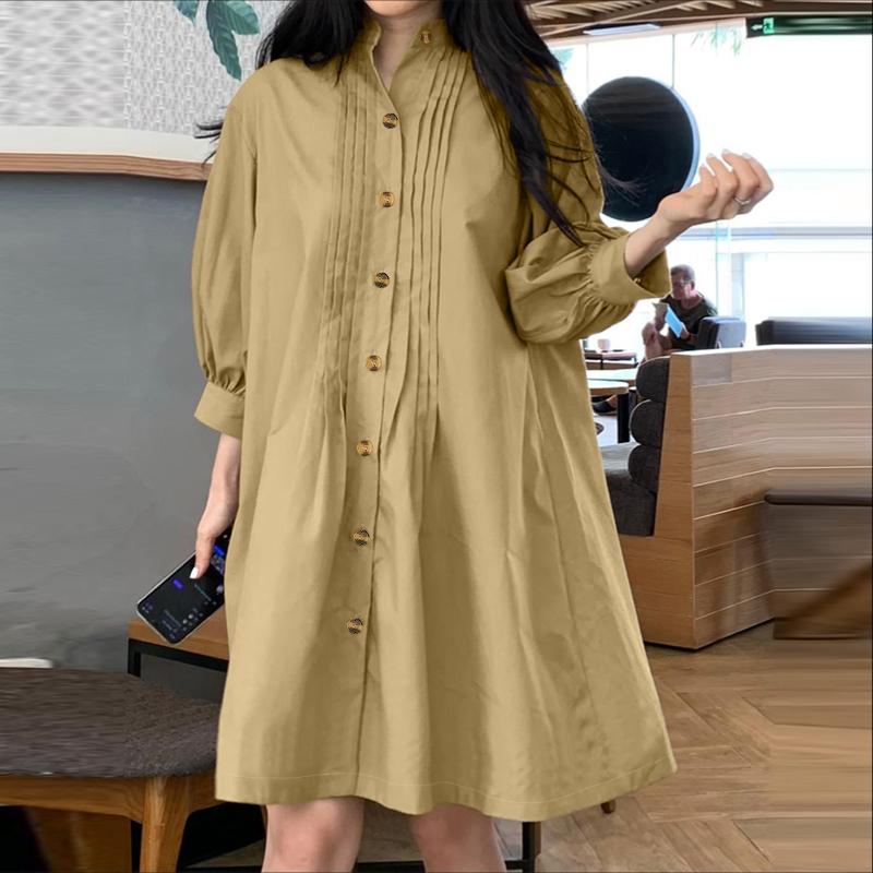 ZANZEA Women Casual Round Neck Solid Color Loose 3/4 Sleeve Shirt Dress