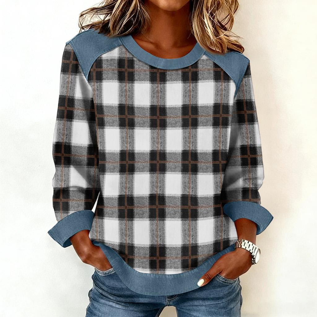 Damen Jeanskragen Patchwork Nähte Sweatshirt Lässig Pullover Langarmshirts