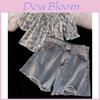 Stilvolles Mädchen Sommer Blousonärmel Blumen Kurzarmhemd Denim Shorts Set