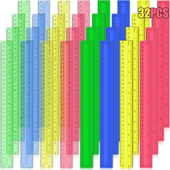 12 Inch Plastic Rulers, 32 PCS Transparent Assorted Color Metric Bulk Rulers with Inches Centimeters Millimeter. Measuring Drawing Tool for Kids,