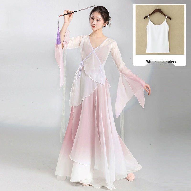 Klassisches chinesisches Tanzkostüm-Set mit fließendem Gazerock und Oberteil