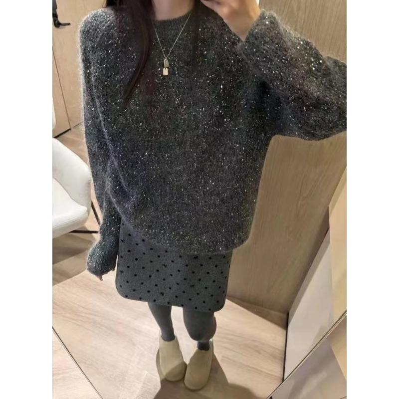 

Ленивый свитер пуловер с круглым вырезом женский осенне-зимний мягкий восковой однотонный трикотажный свитер с длинными рукавами база XL серый