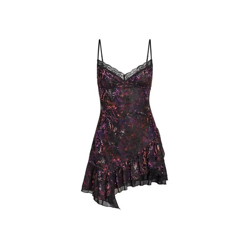

Iamgia European and American Style Gyaru Sexy Lace Velvet Print Irregular Skirt Tight Camisole Dress Black S