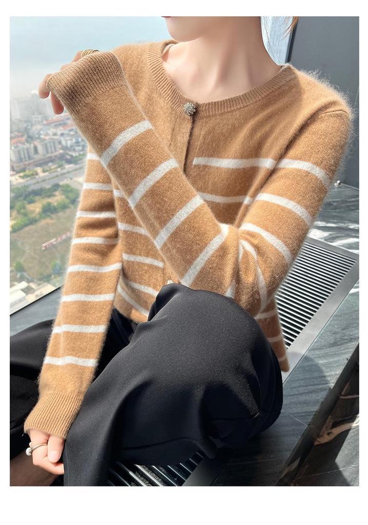 Women's Autumn Winter Cashmere Stripe Knit Cardigan - Round Neck, Versatile Loose Sweater