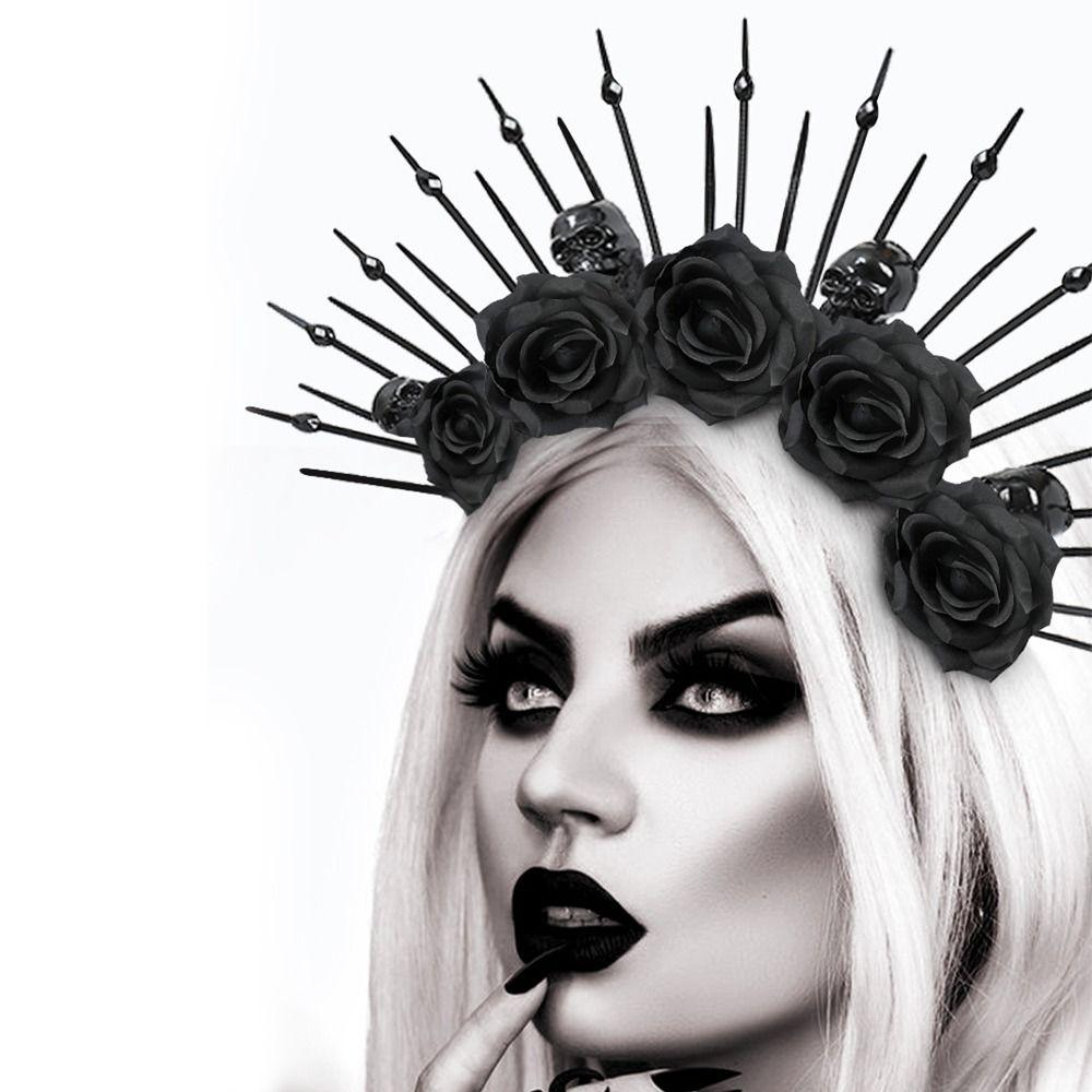 Halloween Black Rose Flower Skeleton Headband Day of The Dead Gothic Cosplay Headwear Party Women Goddess Halo Crown for Women