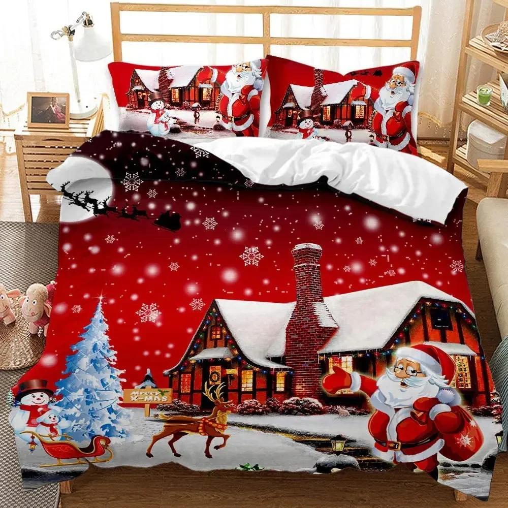 Vrolijk Kerstfeest 3D Geprint Dekbedovertrek Kussensloop Beddengoed Set Twin Full King voor Kinderen Volwassenen Slaapkamer