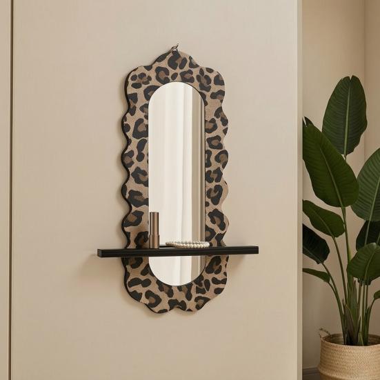 Yousheng Wooden Wall Floating Shelves Leopard Print Decorative Shelf Wall Mounted Planter Display Rack with Acrylic Mirror for Living Room Entryway