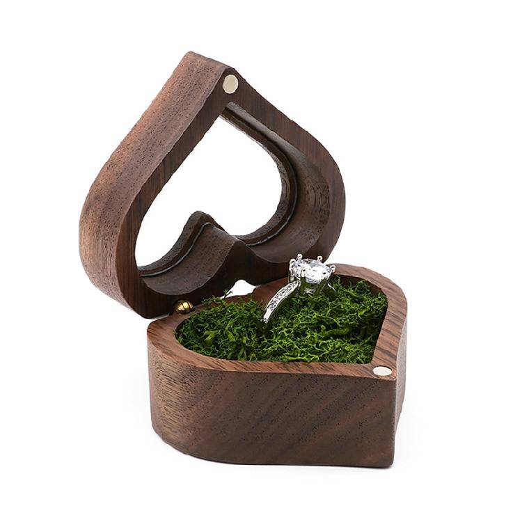 Heart-shaped Solid Wood Ring Box Velvet Soft Inner Bag Jewelry Storage Bag