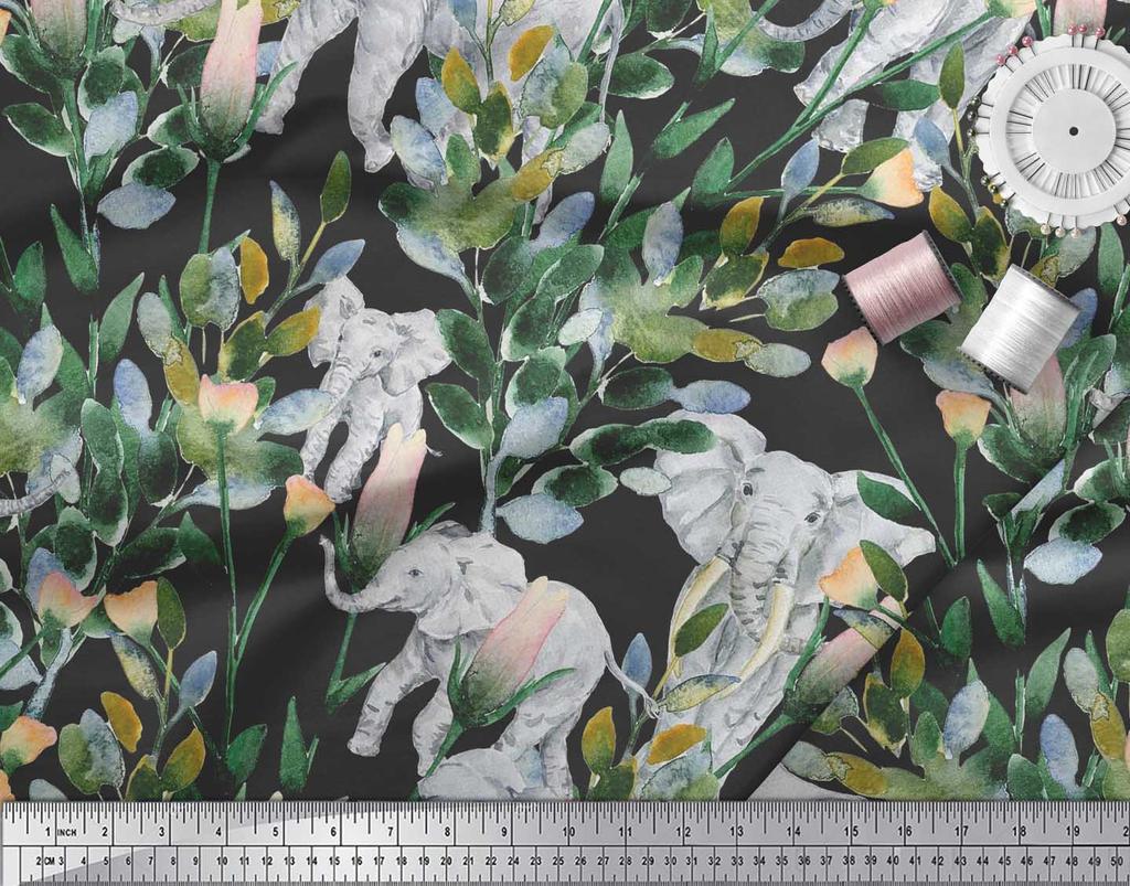 Soimoi Japan Crepe Satin Fabric Leaves,Floral & Elephant Animal Printed Craft Fabric by the metre 42 Inch