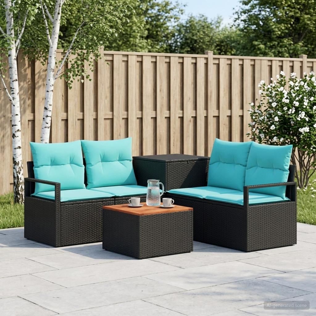 Sofa Set 6 pcs Black and Blue Poly Rattan and Steel