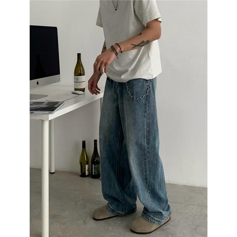 Spring and autumn washed burst blue jeans men's American retro loose wide-leg casual trousers