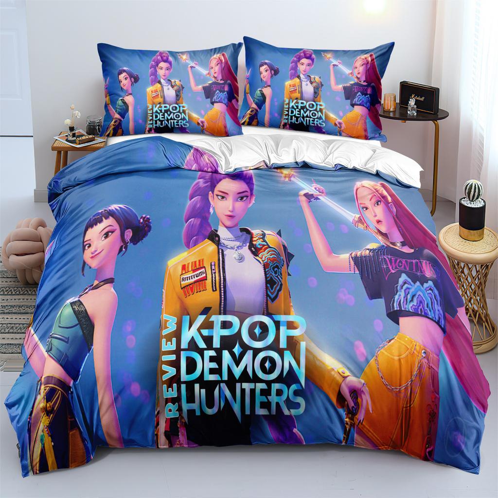 3pcs KPop Demon Hunters Bedding Set Anime Print Boys Girls Three Piece Multi Size Quilt Cover Pillow Cover Bedroom Decoration