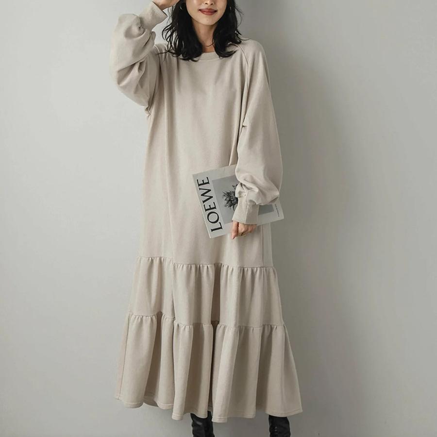 Autumn Women's Loose Mid-Length Patchwork Ruffled Hem Sweatshirt Dress Long Sleeve Knee-Length Dress