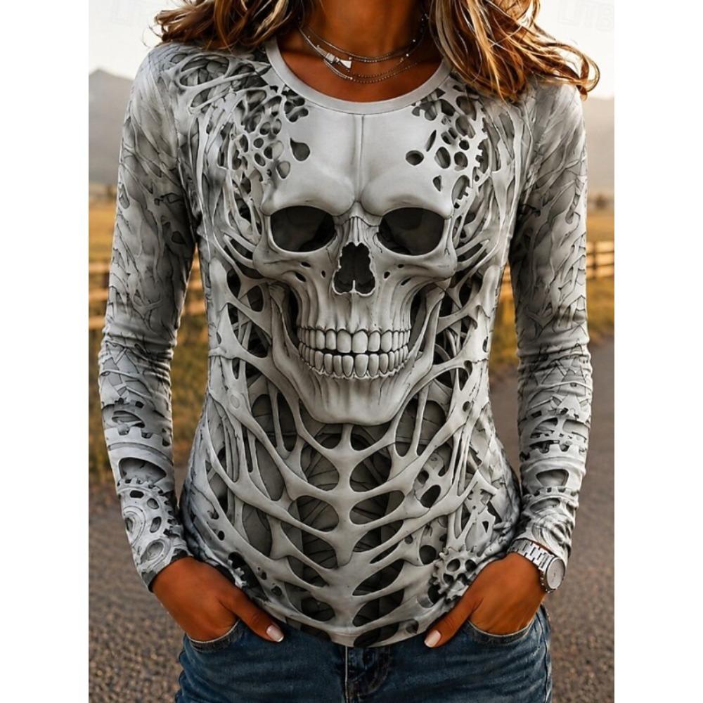 Tops for Women Skull Print Round Neck Long Sleeve T-shirt Fall Casual Slim Pullover Women's Long Sleeve Top