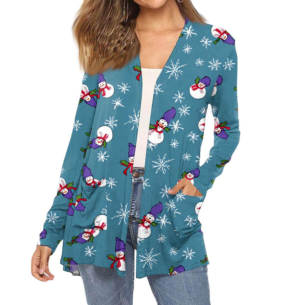 Dámský módní vánoční potisk dlouhý rukáv kapsy slim fit kardigan kabát