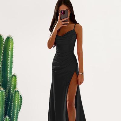 Lady Evening Dress Low-cut V Neck Sleeveless Spaghetti Strap Satin Pleated High Split Solid Color Tight Waist Slim Fit Full Length Summer Prom Party