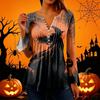 Women's Halloween Print V-Neck Long Sleeve T-Shirt with Sleeves and Pleated Button Front