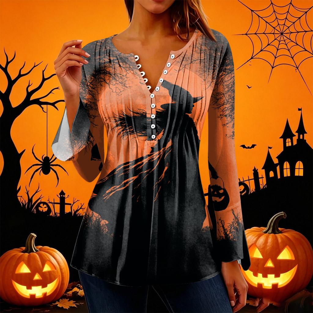 Women's Halloween Print V-Neck Long Sleeve T-Shirt with Sleeves and Pleated Button Front