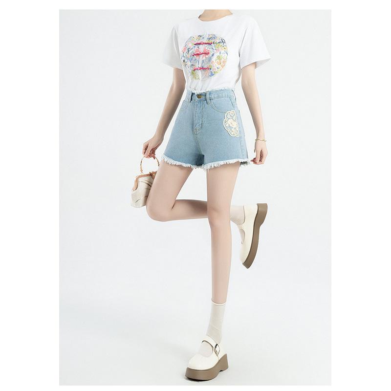 Summer New Denim Shorts New Chinese Style National Style High Waist Women's Personalized Embroidered National Trend A-line Hot Pants
