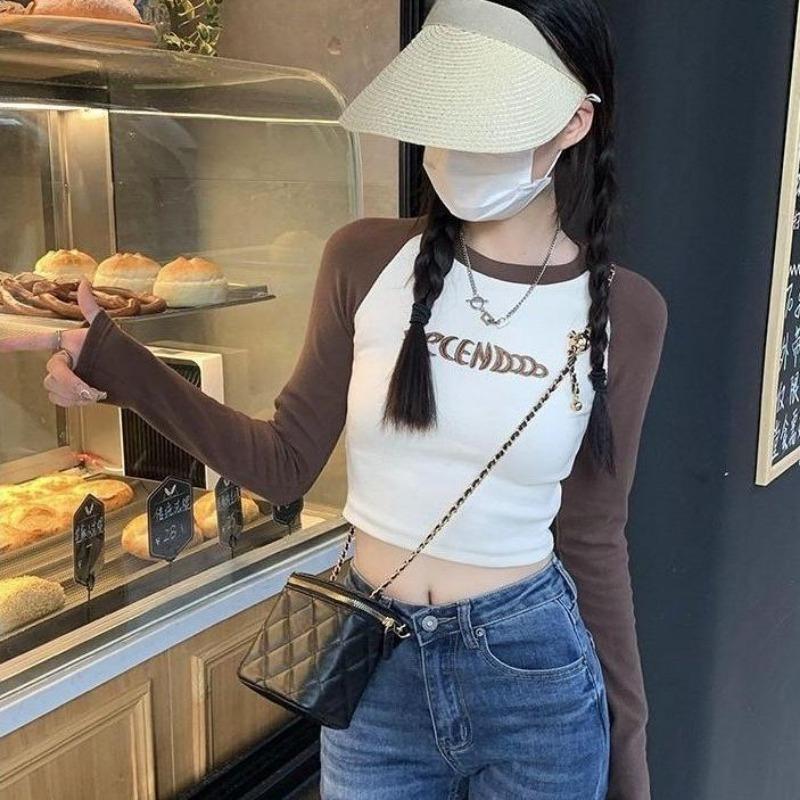 

2KWEIRD Футболка с принтом букв Женская Весенняя С длинным рукавом Лоскутные топы Мода Ретро Контрастный цвет Кроп-топ Горячая девушка Kpop Облегающие Y2K Футболки XL коричневый