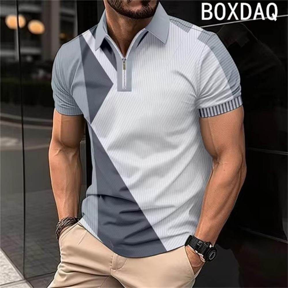 Men's Short Sleeved Shirt, Fashionable Geometric Pattern Patchwork Shirt, Men's Summer Sports Polo
