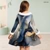 Girls Black High Neck White Furry Trim Long Sleeve Tie Waist Floral Printed A Line Flared Dress