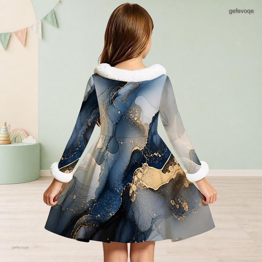Girls Black High Neck White Furry Trim Long Sleeve Tie Waist Floral Printed A Line Flared Dress