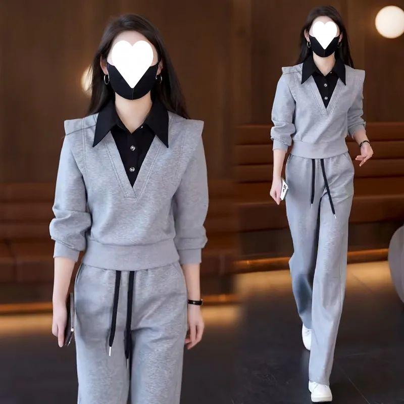 Mamba Spring and Autumn Fashionable Casual Design Fake Two-piece Tops Wide-leg Pants Two-piece Set