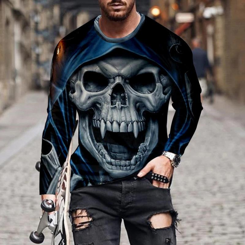 

Spring and Autumn Round Neck Skull Pattern 3D Printed Top Fashionable Casual Long Sleeved Men s T-shirts S