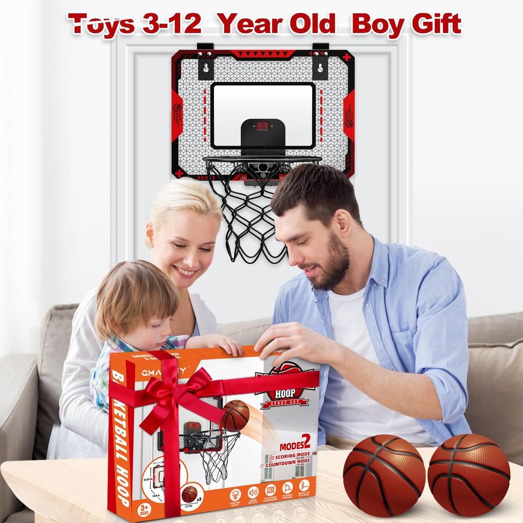 Kids' Indoor Basketball Hoop with Electronic Scoreboard, Mini Over-the-Door Basketball Hoop with 3 Balls, Basketball Sports Toy for Boys Ages 6-8,