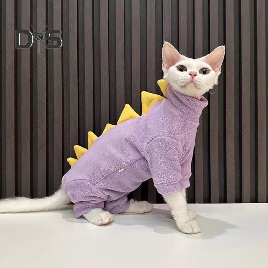 Dinosaur Cat Clothes Winter Sphynx Cat Pajamas Costume Soft Fleece Warm Cat Jacket for Indoor Hairless Cats