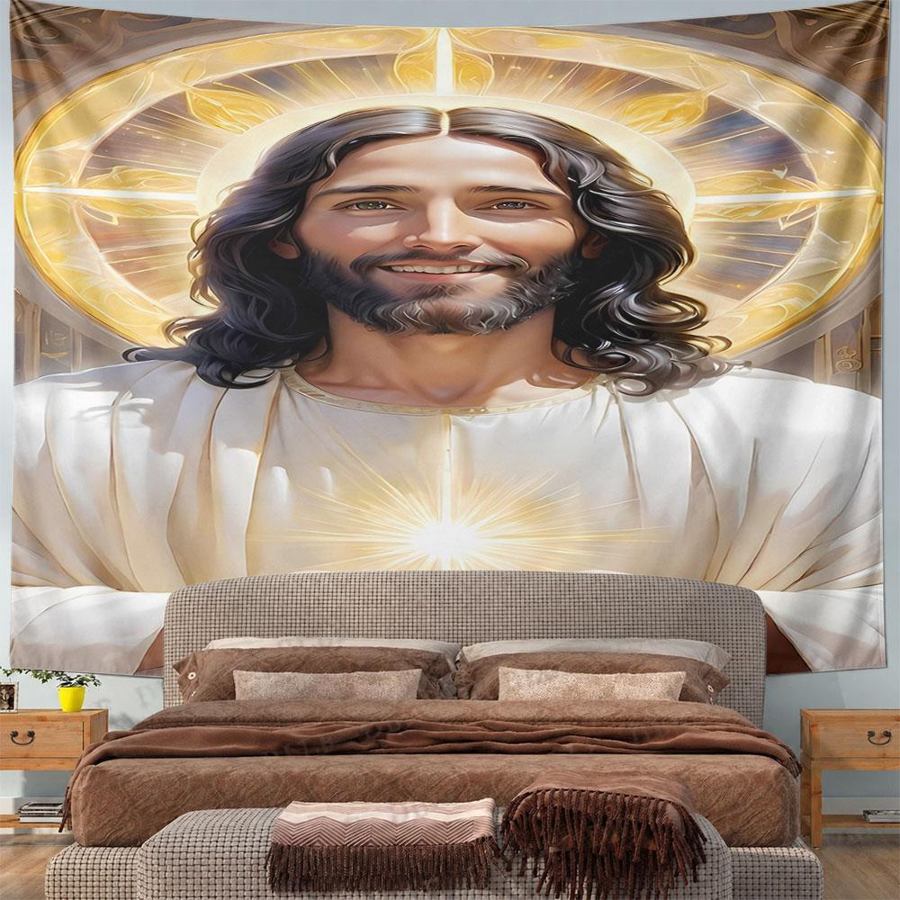 Holy Light with Radiant Savior Portrait Pattern Wall Hanging Tapestry Decorative Tapestry Home Decor for Bedroom and Living Room