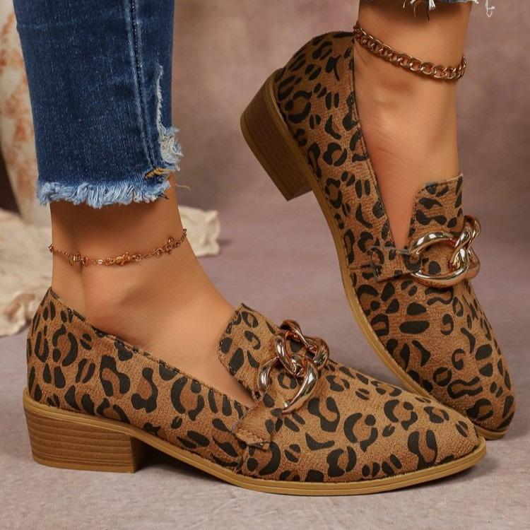 Large-Size Casual Flat Shoes – New Leopard Print European & American Pointed Toe Chunky Heel Slip-On Loafers for Women