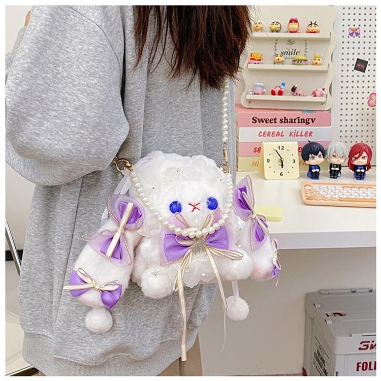 Lolita Bag Handmade Lolita Handmade Rabbit Bag Drawstring Diagonal Span Can Be Double Shoulder Large Capacity Pearl Plush Female Cute