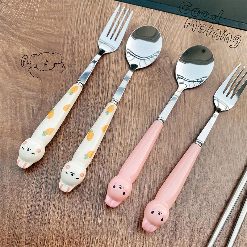 Cartoon Rabbit Cutlery Set Stainless Steel Spoon Fork Chopsticks Flatware Kawaii Bunny Tableware Utensils with Storage Box