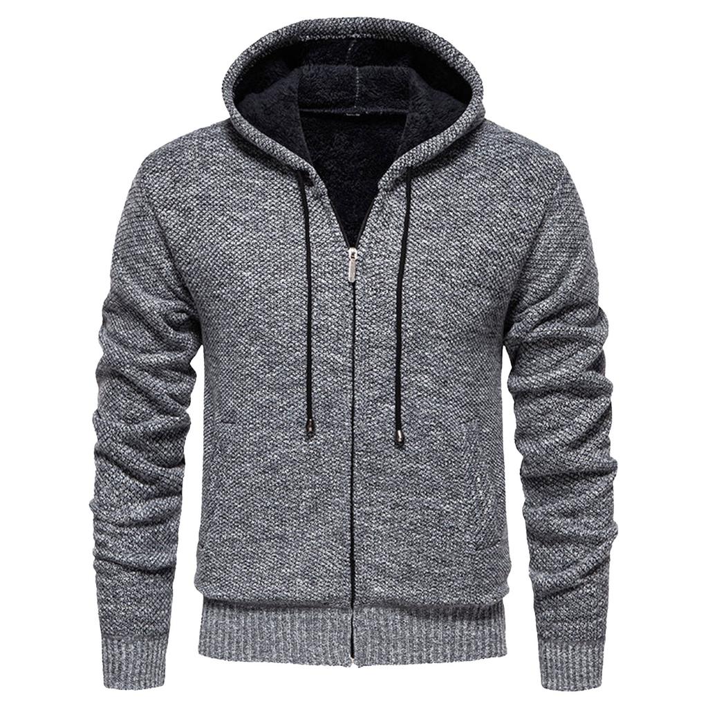 Men's Sweater With Thick Velvet Casual Knit Sweater, Fashionable Hooded Jacket For Men