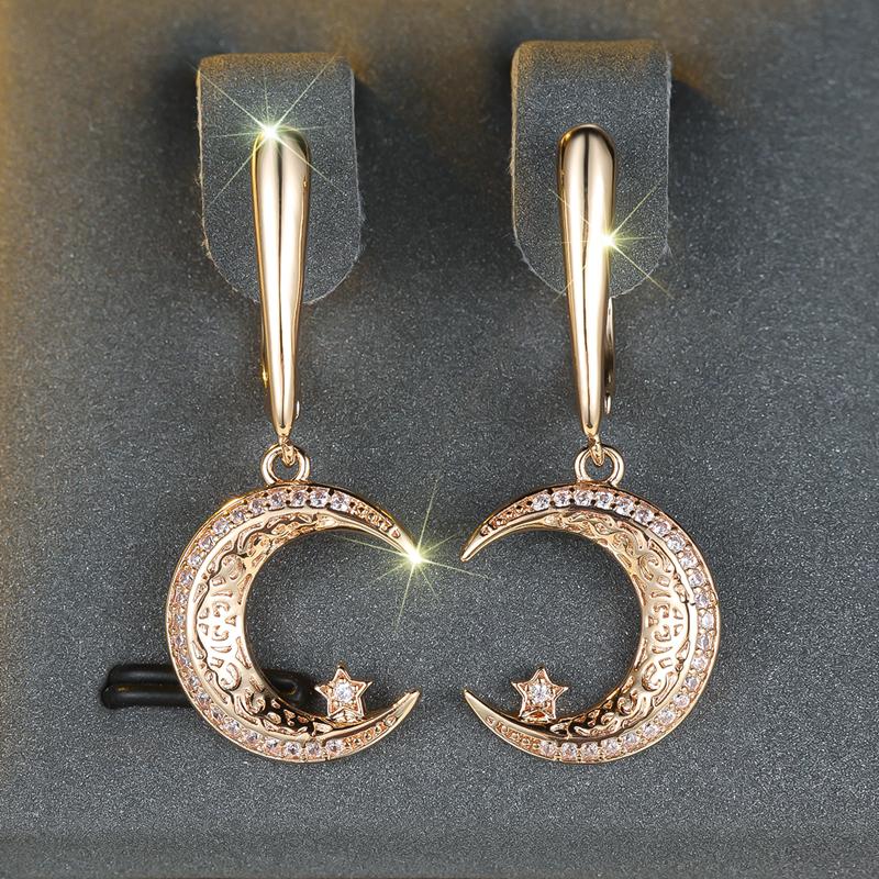 Goldfarbene Mond- und Stern-Ohrringe für Frauen mit Zirkonia, feiner ethnischer Schmuck für den Alltag