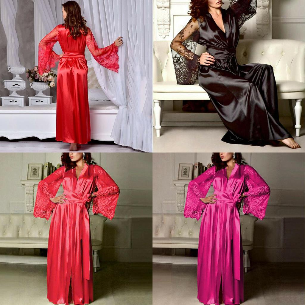Elegante Camicia da Notte da Donna in Raso di Seta con Pizzo Lingerie Kimono Abbigliamento da Notte Lunga Vestaglia