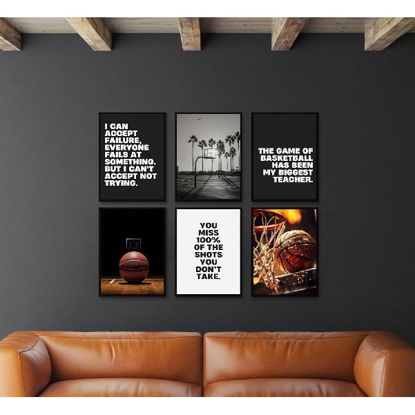 6pcs Basketball Wall Art Unframed Pirational Sport Canvas Black White Basketball Motivational Quotes Poster Prints Teen Boys Kids Painting Wall Decor