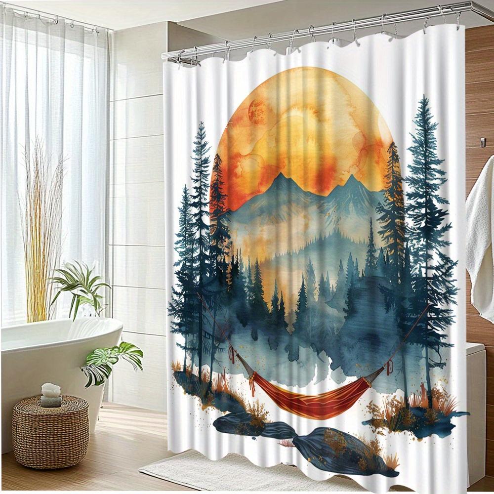 1pc Mountain Sunset Theme Shower Curtain, Vibrant Nature with Hammock, Polyester Fabric, Bathroom Decor, Featuring 12 Hooks,