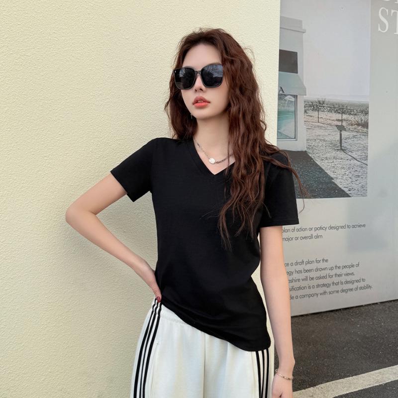 Kadın Slim Fit V Yaka Bambu Pamuk Kısa Kollu Yazlık Üst