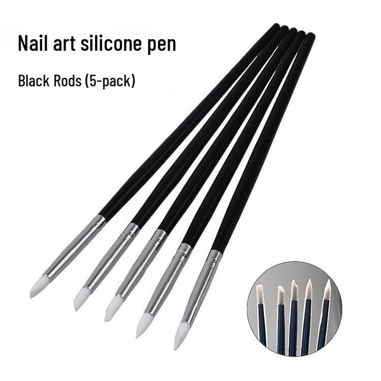 5-Piece Silicone Nail Art Brushes with Black Handles - For Carving, Embossing, Gradient, Blending, and Mirror Powder Application.
