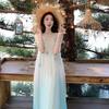 French Dopamine Fairy Seaside Vacation Blue Gradual Change Suspender Dress Female Flower Lace-up Long Dress