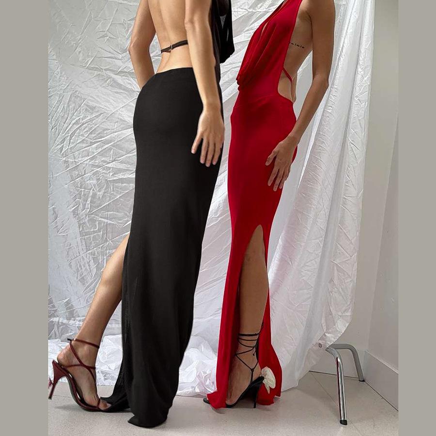 Women's Autumn and Winter New Temperament Sexy Halter Neck V-neck Backless Side Slit Dress