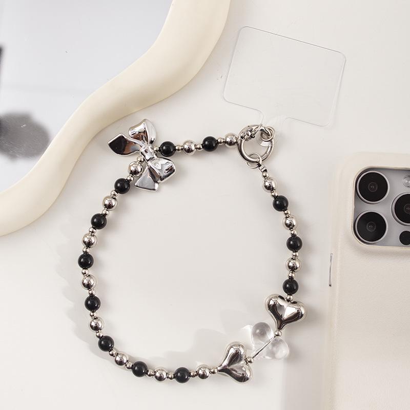Durable Black & White Plaid Bow Wrist Strap with Buckle Chain for Phones