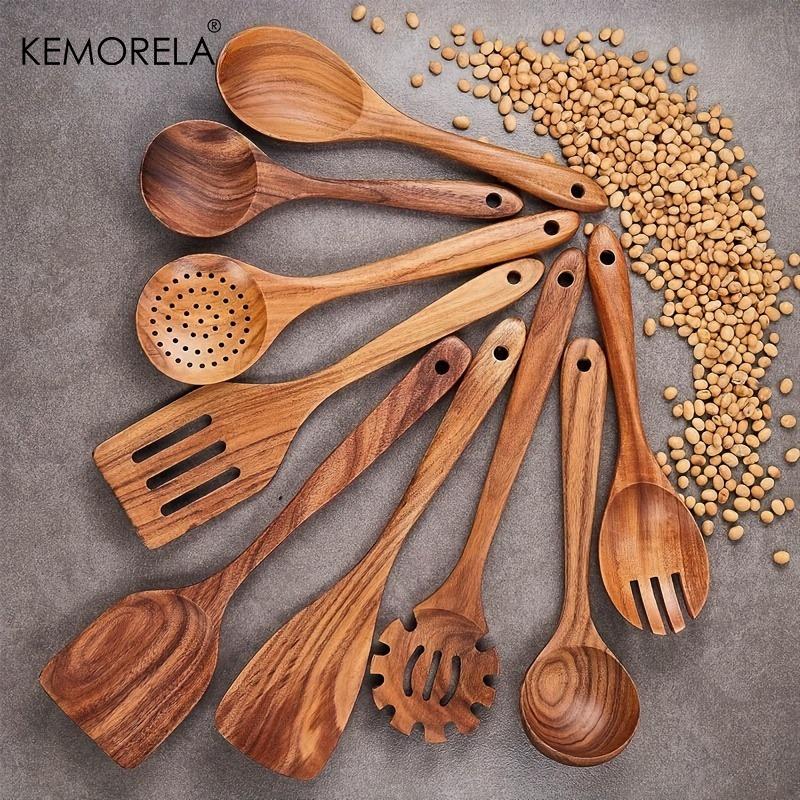 9PCS Acacia Wood Kitchen Utensils Set - Natural Wood Cooking Spoons, Spatulas, Noodle , Non-Stick, Durable Wooden Cookware