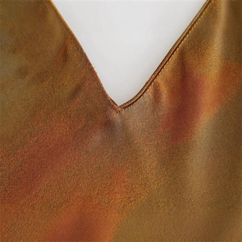 Women Satin Slip Maxi Dress V‑Neck Vintage Print High Waist Sleeveless Long Dress