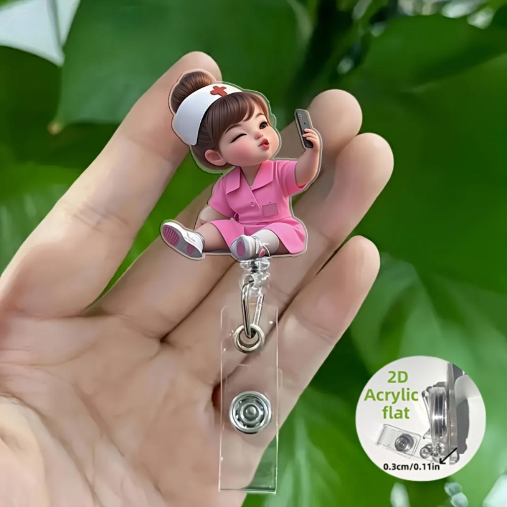 2D Flat Acrylic Cartoon Nurse & Doctor Card Holder, Retractable Badge Reel, Hospital ID Badge & Chest Pin for Doctors & Nurses
