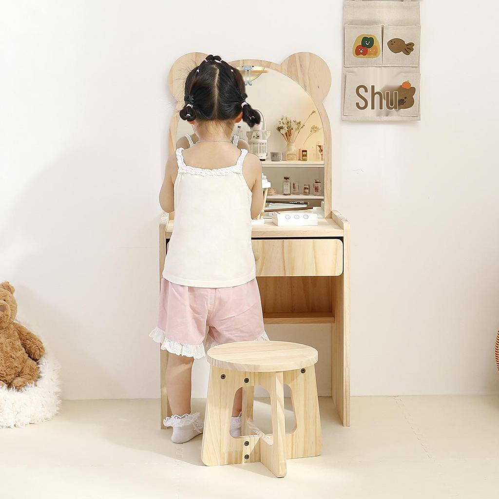 Korean-Style Wood Vanity & Stool Set for Girls - Compact Bedroom Dressing Table