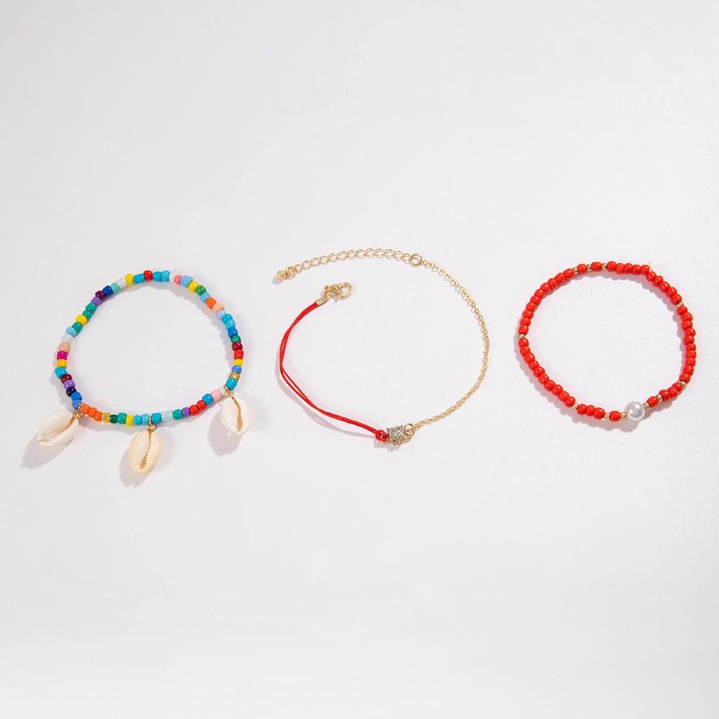 Cross Border Beach Series Vacation Style Shell Bead Multi-Layer Ankle Chain Personalized Colorful Rice Bead Ankle Chain Three Piece Set